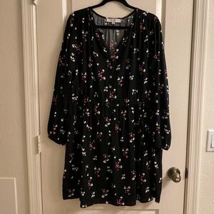 LOFT Black Floral Long Sleeve Babydoll Dress